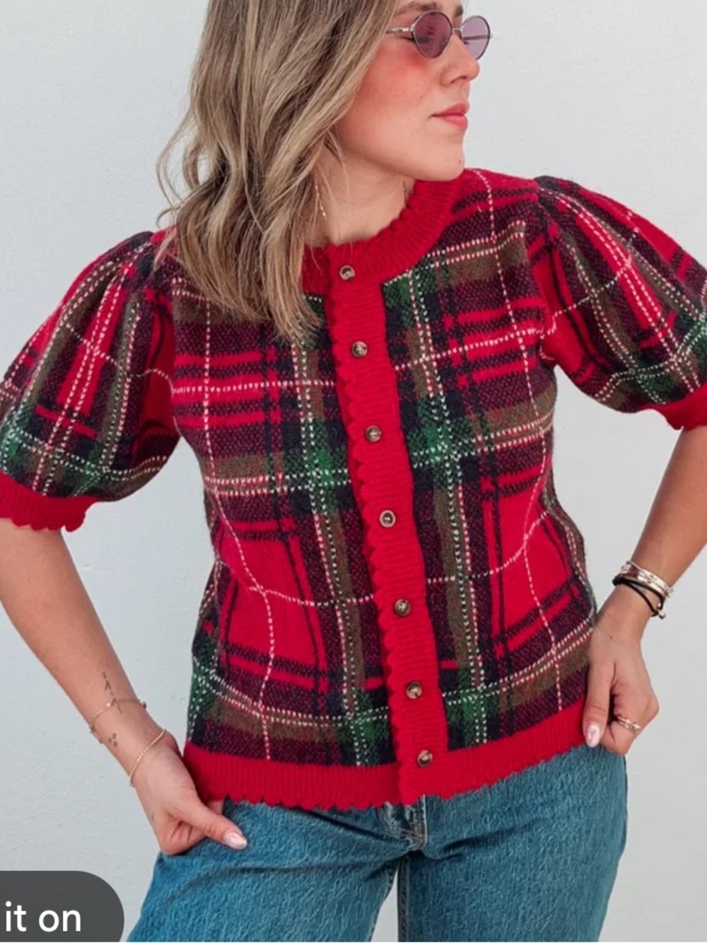 Entro NEW Red Holiday Plaid Button-Front Puff Sleeve cardigan Top